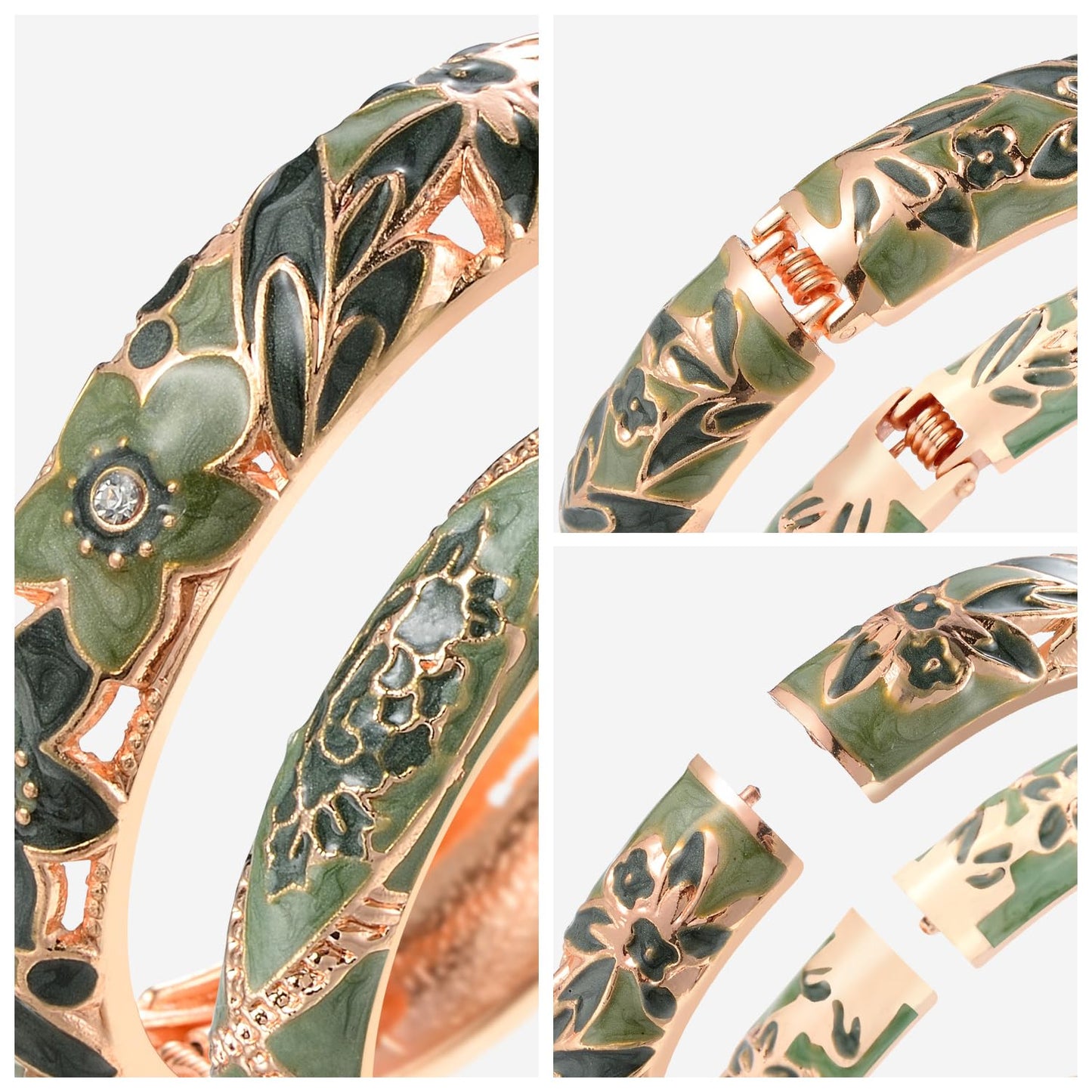wynameleri Vintage Jewelry Cloisonne Handcrafted Enameled Gorgeous Rhinestone Flower Hinged Cuff Bracelet Bangles Gifts 88A11-55A128 Green