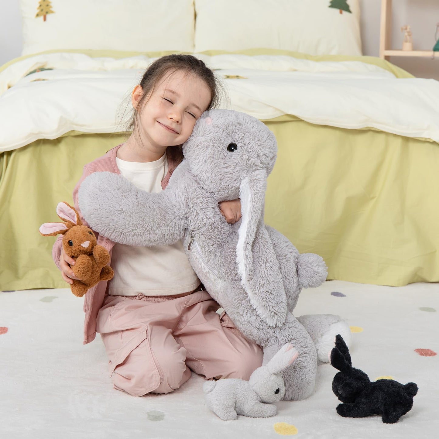 MaoGoLan 4Pcs Large Bunny Stuffed Animal with 3 Babies Inside, 24" Giant Easter Bunny Plush Toys, Soft and Cuddly Gray Stuffed Rabbit Gift for Kids,Girls,Boys,Teens