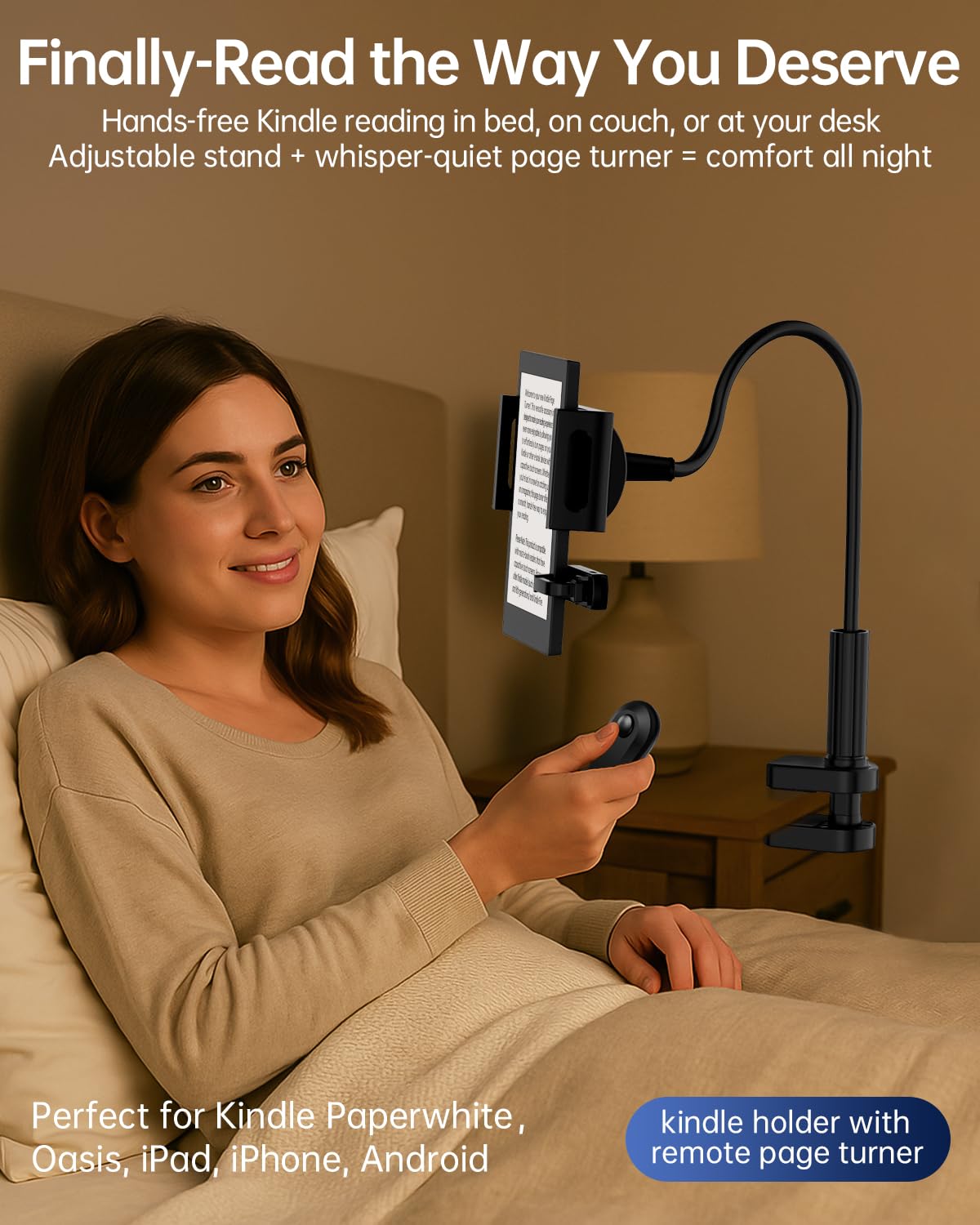 Kindle Holder with Remote Page Turner, Kindle Stand for Bed Reading, No Text Blocked 6mm Clip, No Margin Adjustments, Whisper-Quiet Page Turns, Fits 4.7-10" Devices (Paperwhite/Oasis, iPad/iPhone)