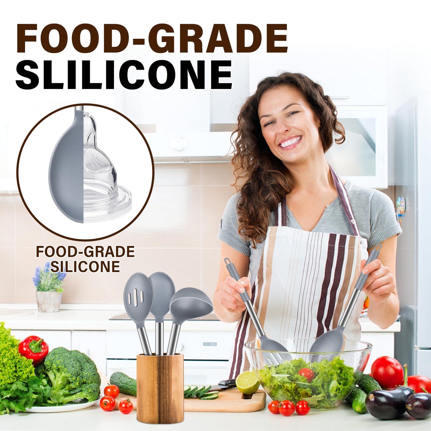 3Pcs Silicone Cooking Spoon Set, Kitchen Utensils Include Solid & Slotted Spoon, Soup Ladle, Food-Grade Heat Resistant 446°F, Non-Scratch Spoons for Serving, Stirring, Draining, Dishwasher Safe, Gray