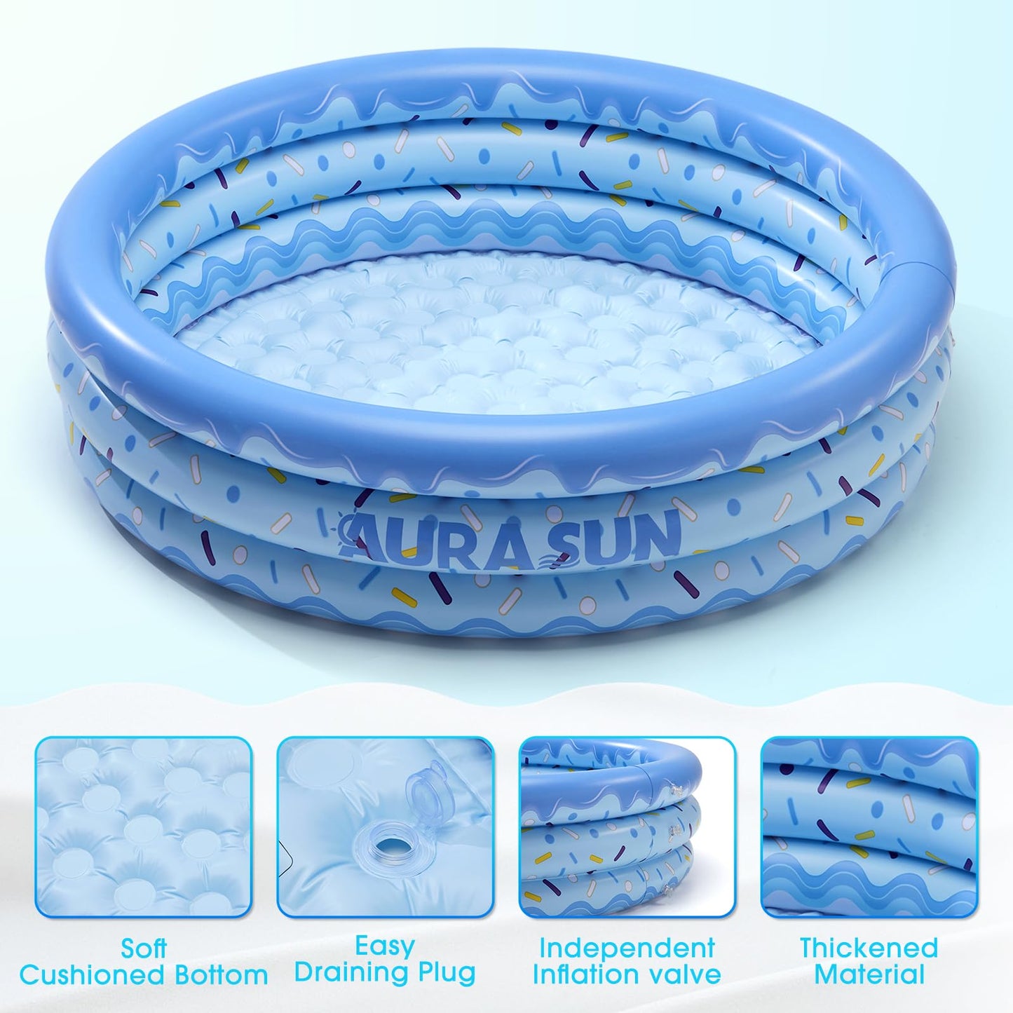 Inflatable Baby Pool Small Kiddie Swimming Pool, 3 Rings Round Pad Pool for Kids & Toddler, 48"X12" Portable Indoor Ball Pit Toys, Outdoor Water Play for Girl/Boy (Blue)