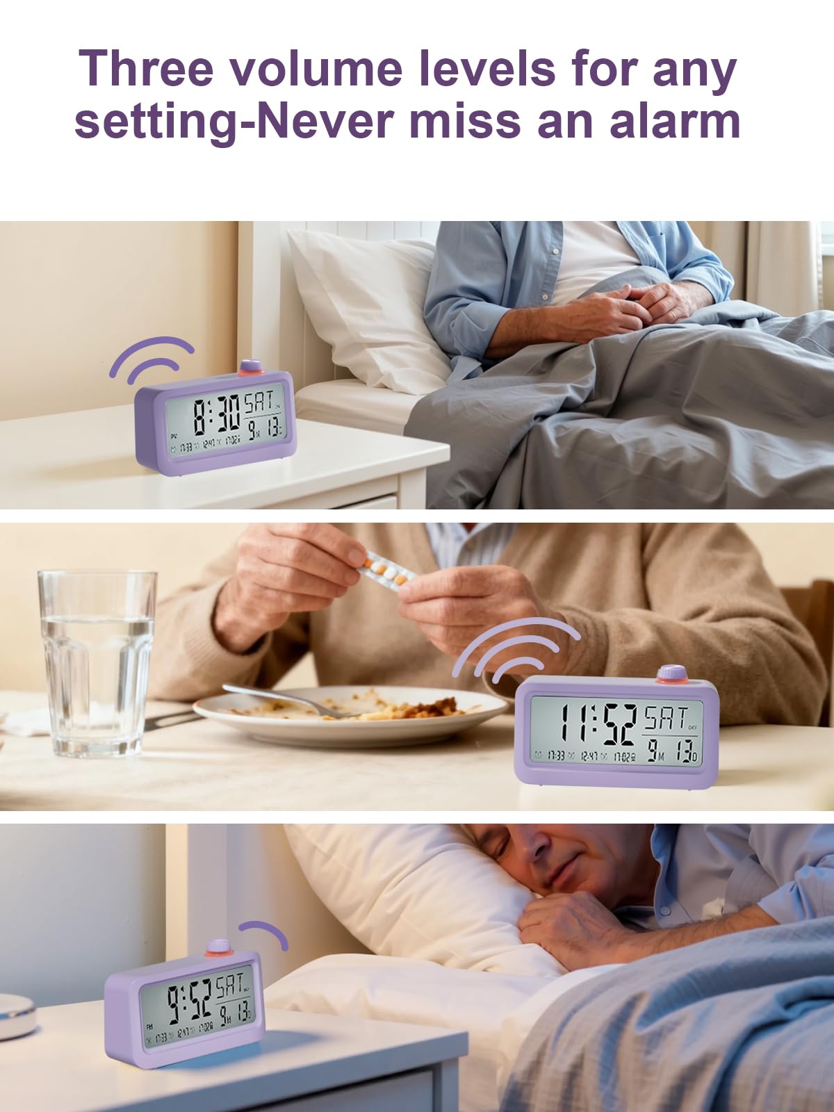 Bovintex Medication Pill Reminder, Rechargeable Talking Alarm Clock with 3 Custom Voice Recording Alarms, Touch-to-Talk, a Digital Alarm Clocks Gift for Mom/Dad/Seniors/Elderly(Pruple)