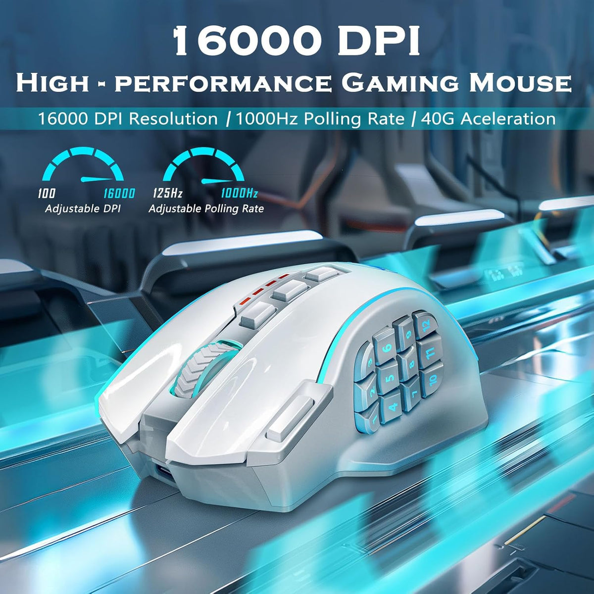 Redragon Wireless Gaming Mouse, MMO Gaming Mouse UP 16,000 DPI, 16 Macro Programmable Buttons, RGB Rechargeable Mouse with 12 Side Buttons, 70Hrs for PC Laptop MOBA FPS, White,M901P-WS