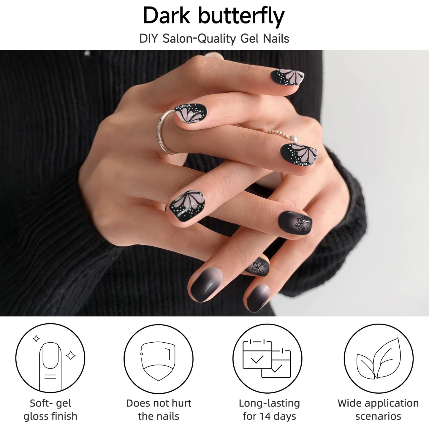 DUKASOU Semi Cured Gel Nail Strips, 56Pcs Nail Art Stickers/Wraps, Long Lasting UV Nail Polish Strips for Adults(Black Pink Butterfly)