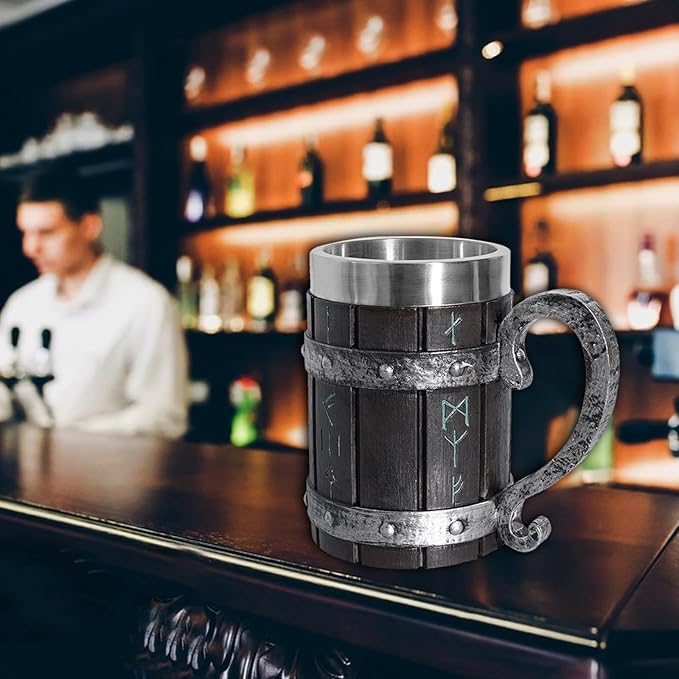 Nordic Viking Rune Beer Mug, Resin Beer Stein Tankard Cup Stainless Steel Wooden Coffee Cool Mug Viking Gift for Men Beer Cup Stein
