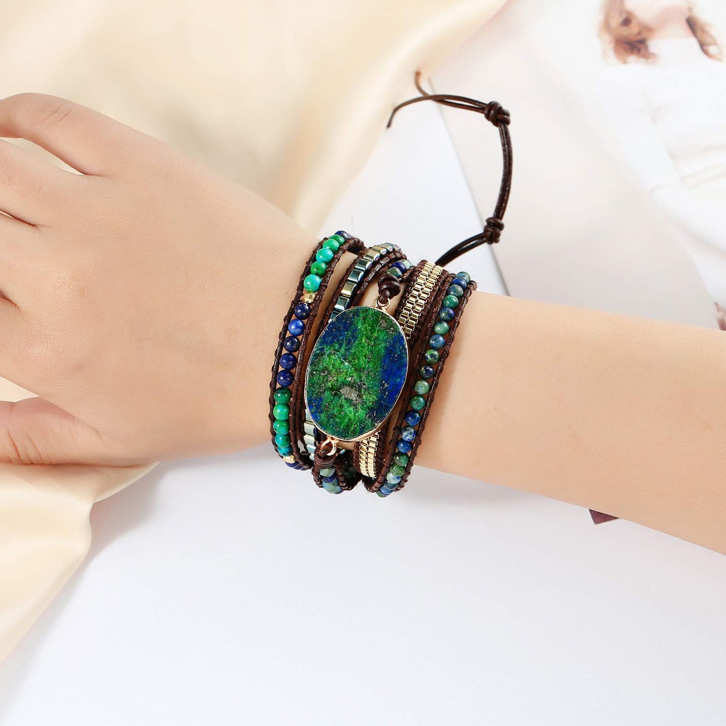 Plumiss Boho Leather 5 Wrap Natural Stone Chrysocolla Bracelet Handmade Gemstone Beaded Bracelet Jewelry Collection