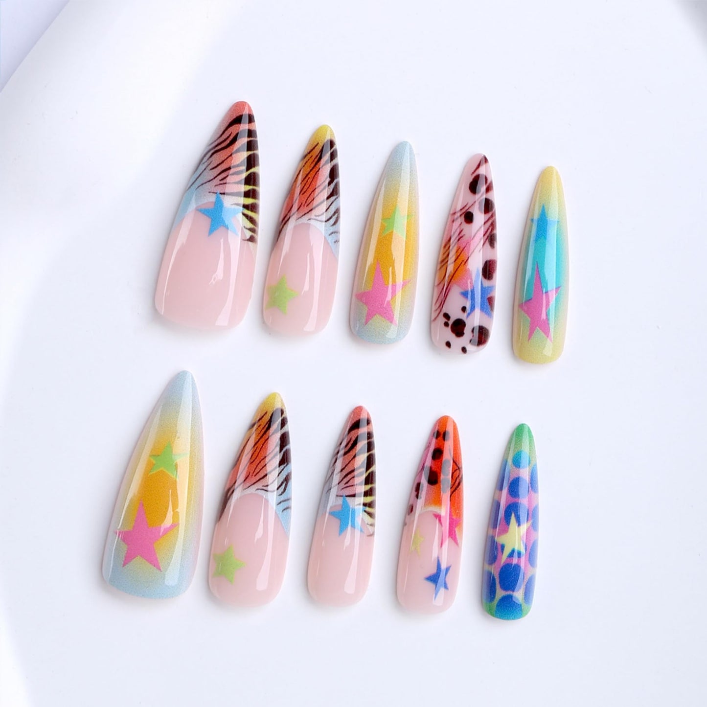 octoswave Long Stiletto Press on Nails Star Patterns Rainbow Gradient Colorful False Nails for Party Festival Vacation 24Pcs