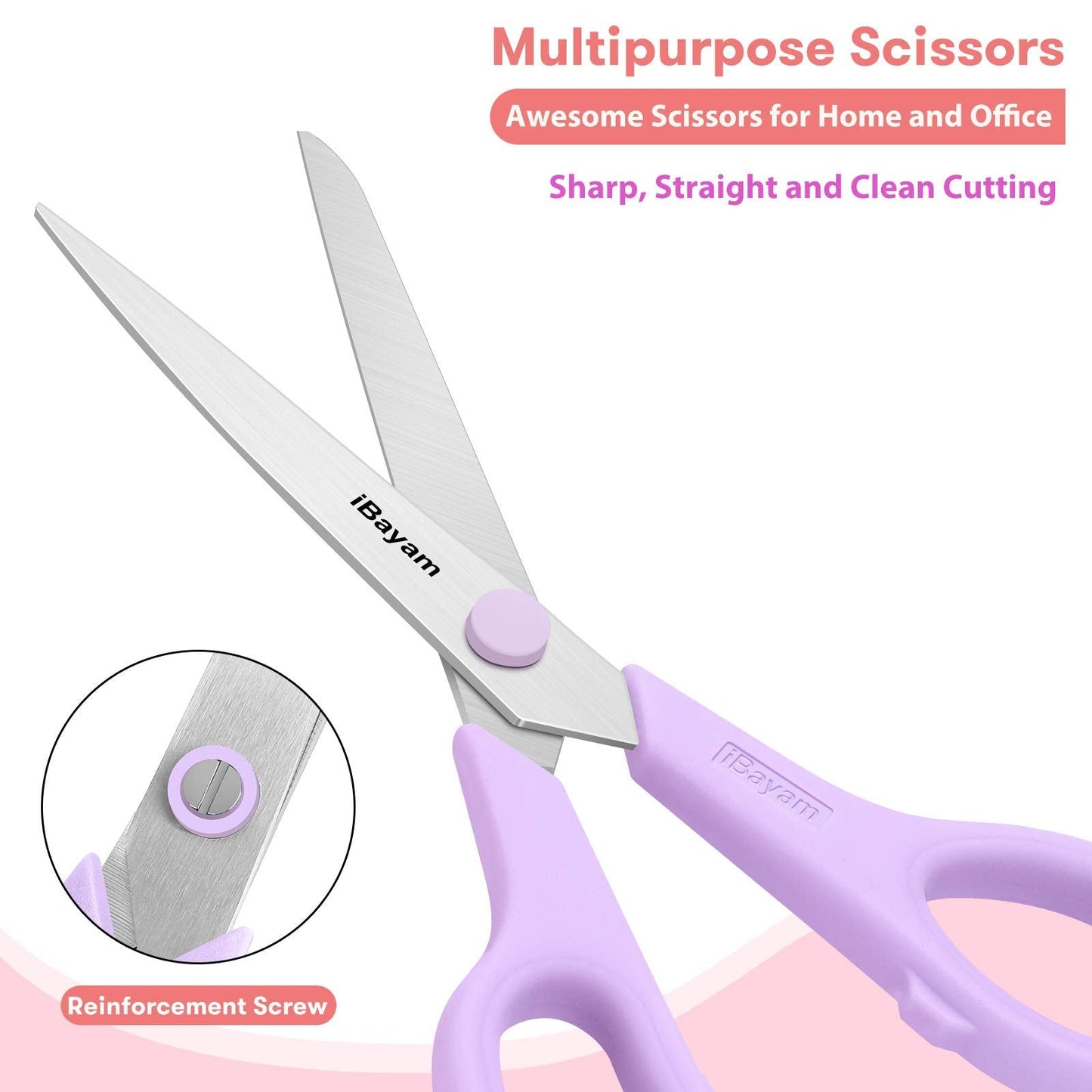 Scissors, iBayam 8" All Purpose Scissors Bulk 3-Pack, Ultra Sharp 2.5mm Thick Blade Shears Comfort-Grip for Aesthetic Fun Cute School Office Teacher Desk Crafts and Art Supplies Accessories Essential