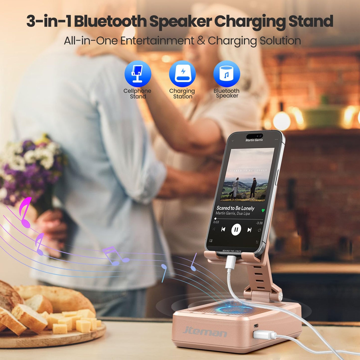 JTEMAN Cell Phone Stand with Bluetooth Speaker,HD Sound Adjustable Phone Holder,Birthday Gifts for Men Women, Cool Tech Kitchen Gadgets for Most Phones and Tablets-Rose Gold