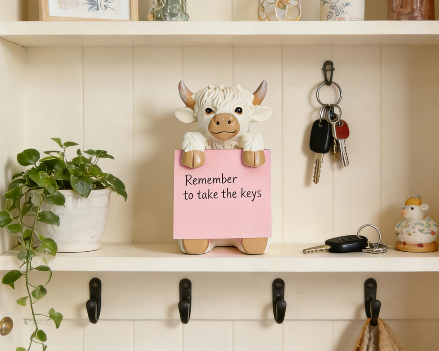 HORTIX Highland Cow Pop-up Sticky Note Dispenser, Includes 1 Pad of 3x3 in Super Sticky Notes, 100 Sheets, Resin Cute Handmade Desk Holder for Office & Home-Beige