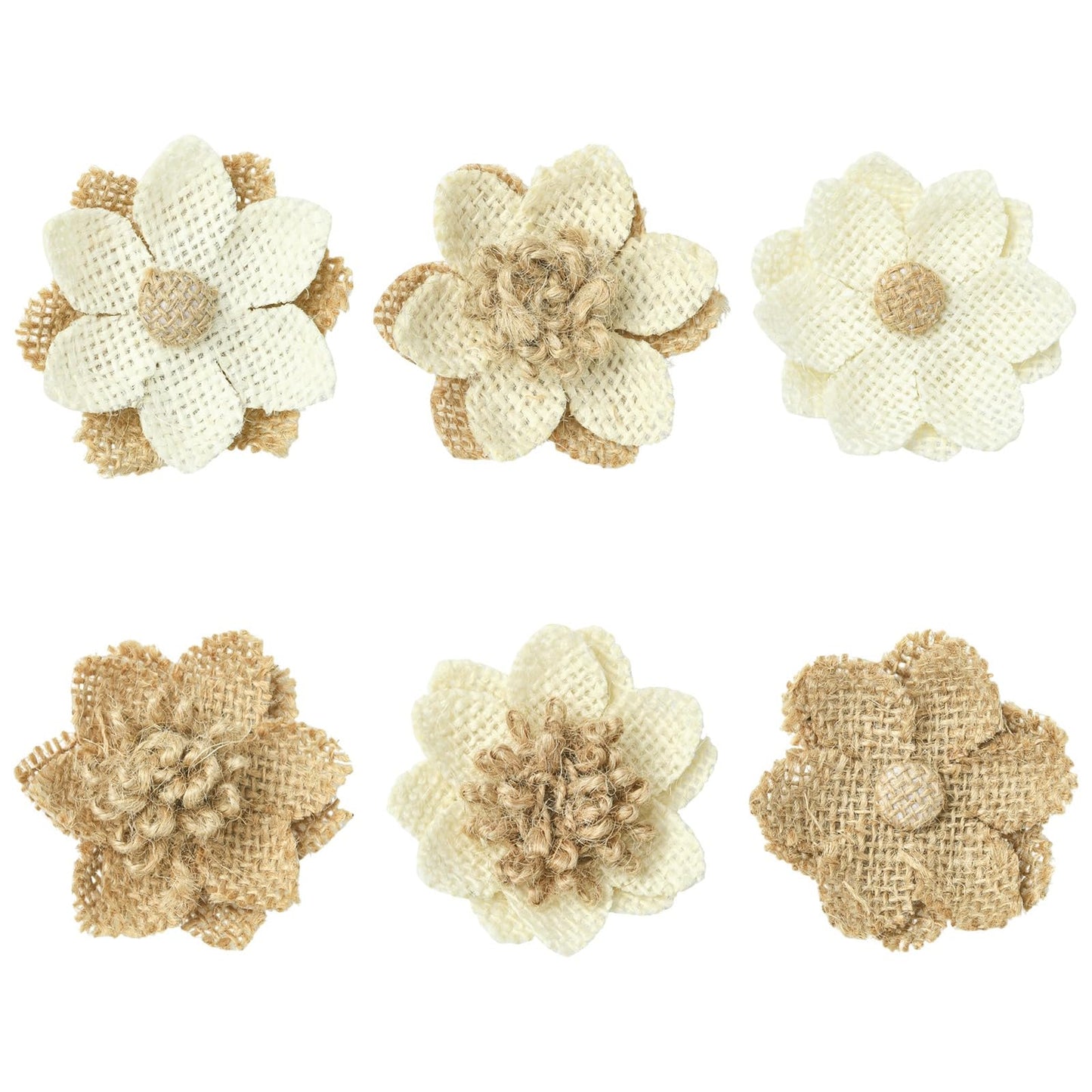 LiQunSweet 24 Pcs 6 Styles Handmade Natural Burlap 3D Fabric Flowers Burlap Rustic Ornament Accessories for Hat DIY Handmade Crafts Home Embellishment Wedding Party Decoration