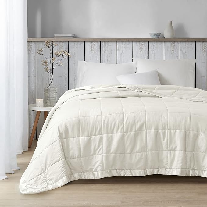Madison Park Cambria Down Alternative Blanket, Premium 3M Scotchgard Moisture Wicking Treatment, Lightweight and Soft Bed Cover For Summer with Satin Trim, Oversized Full/Queen Ivory