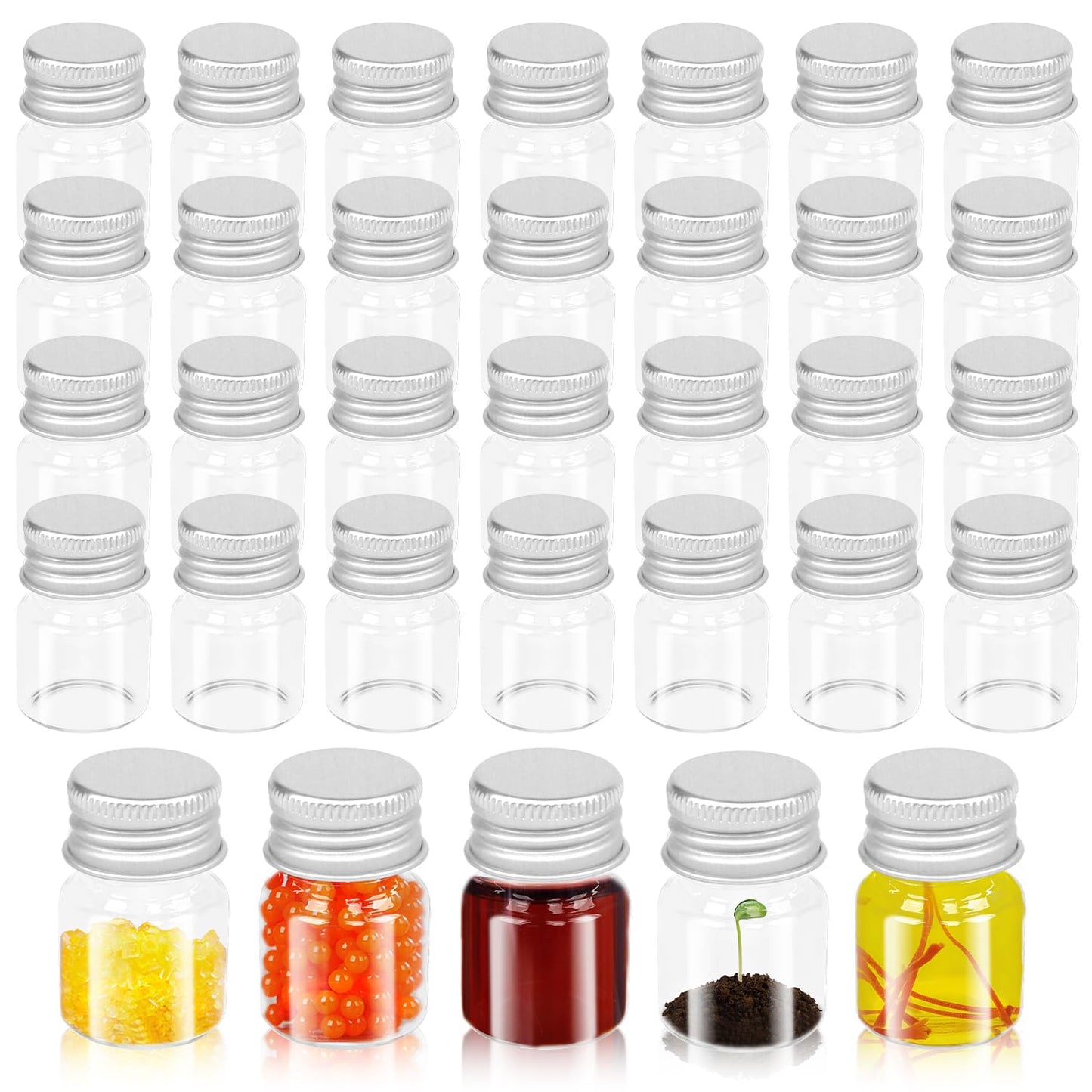 ZSDRTYU Small Glass Jars With Lids, 100 Pack 5ml Small Jars Mini Jar With Lids Glass Bottles Mini Bottles For Diy Art Craft Storage (Silver)