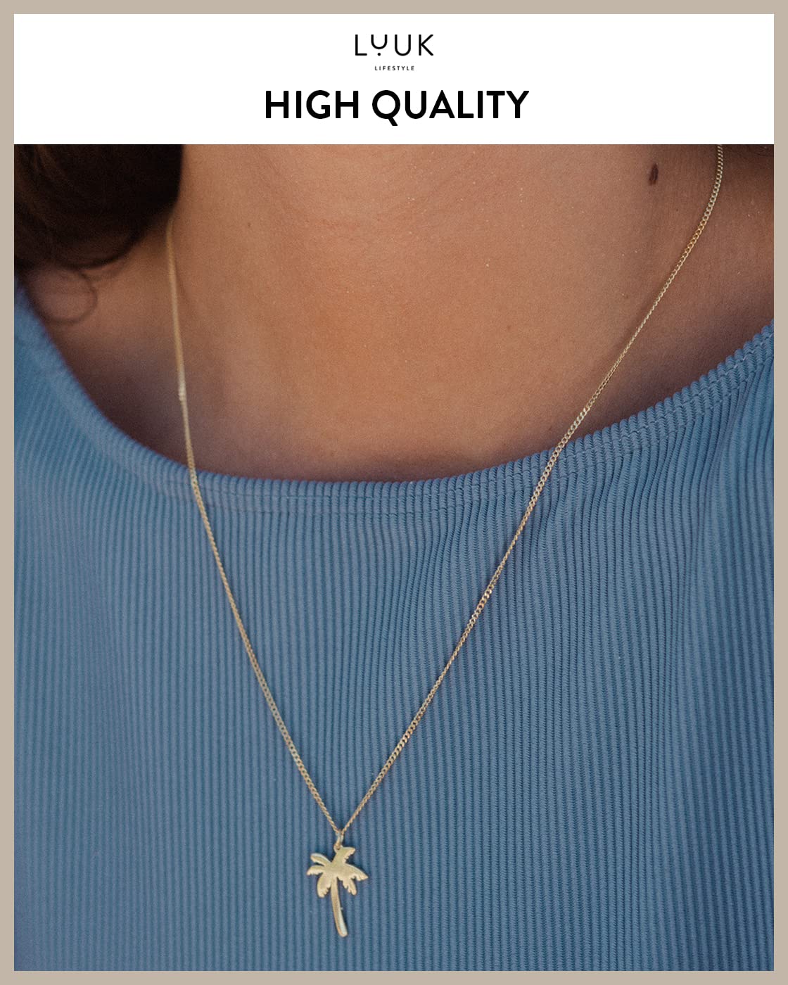 LUUK LIFESTYLE Necklace with palm tree pendant, chain and pendant in 925 sterling silver, modern and minimalist fashion accessory, trendy boho and hippie style, jewelry gift idea for her, gold