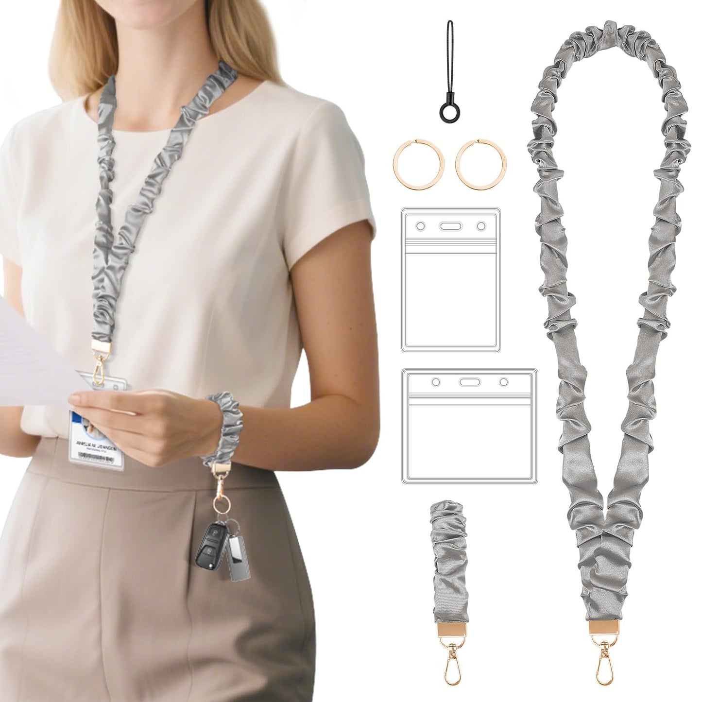 SHANSHUI Scrunchie Lanyard with ID Holder for Teacher, Retractable Long Neck & Short Wrist Lanyard Set with 2 Keychain Clips, Adjustable for Teachers, School Staff, Office (Gray)