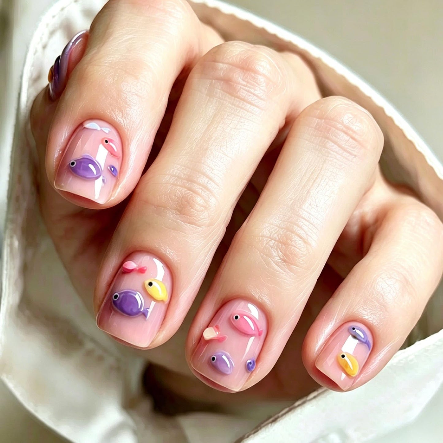 Square Press on Nails Short Fake Nails with 3D Colorful Fish Designs Nails Press ons Pink Glue on Nails Cute Artificial Nails Glossy Acrylic Nails Summer Stick on Nails for Women 24Pcs