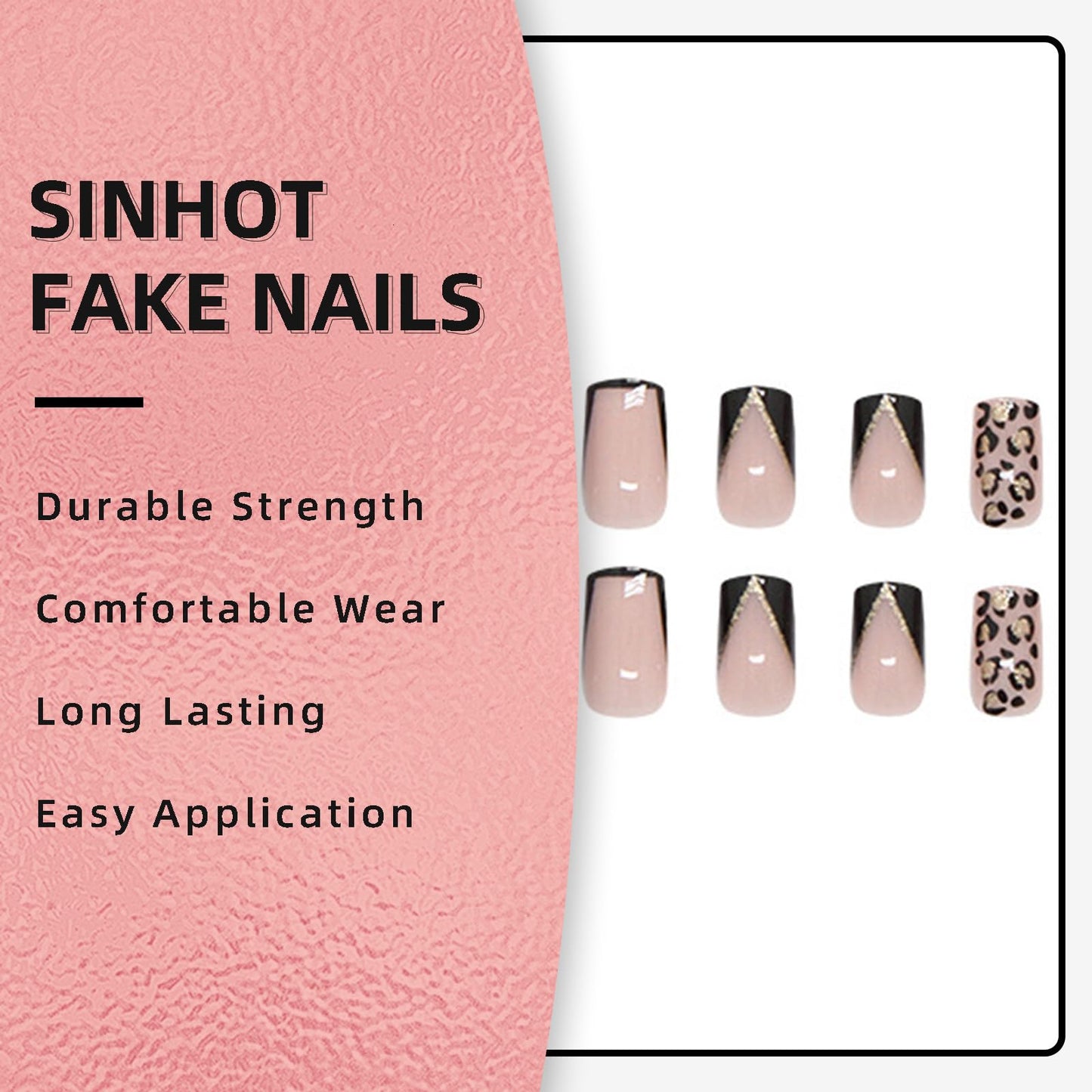 SINHOT Press on Nails - Short Square Fake Nails, Glossy Finish, Black French Tip & Cheetah, DIY Artificial False Nail Art - 24 Pcs Nail Kit with Glue
