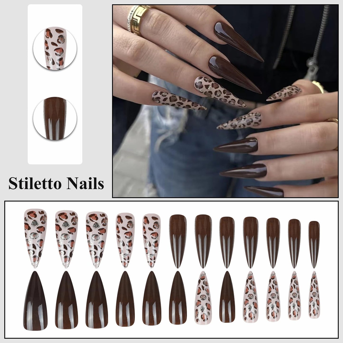 MISUD Press on Nails - Long Stiletto Fake Nails with Brown Leopard, Acrylic Bling Glitter Design 24 pcs