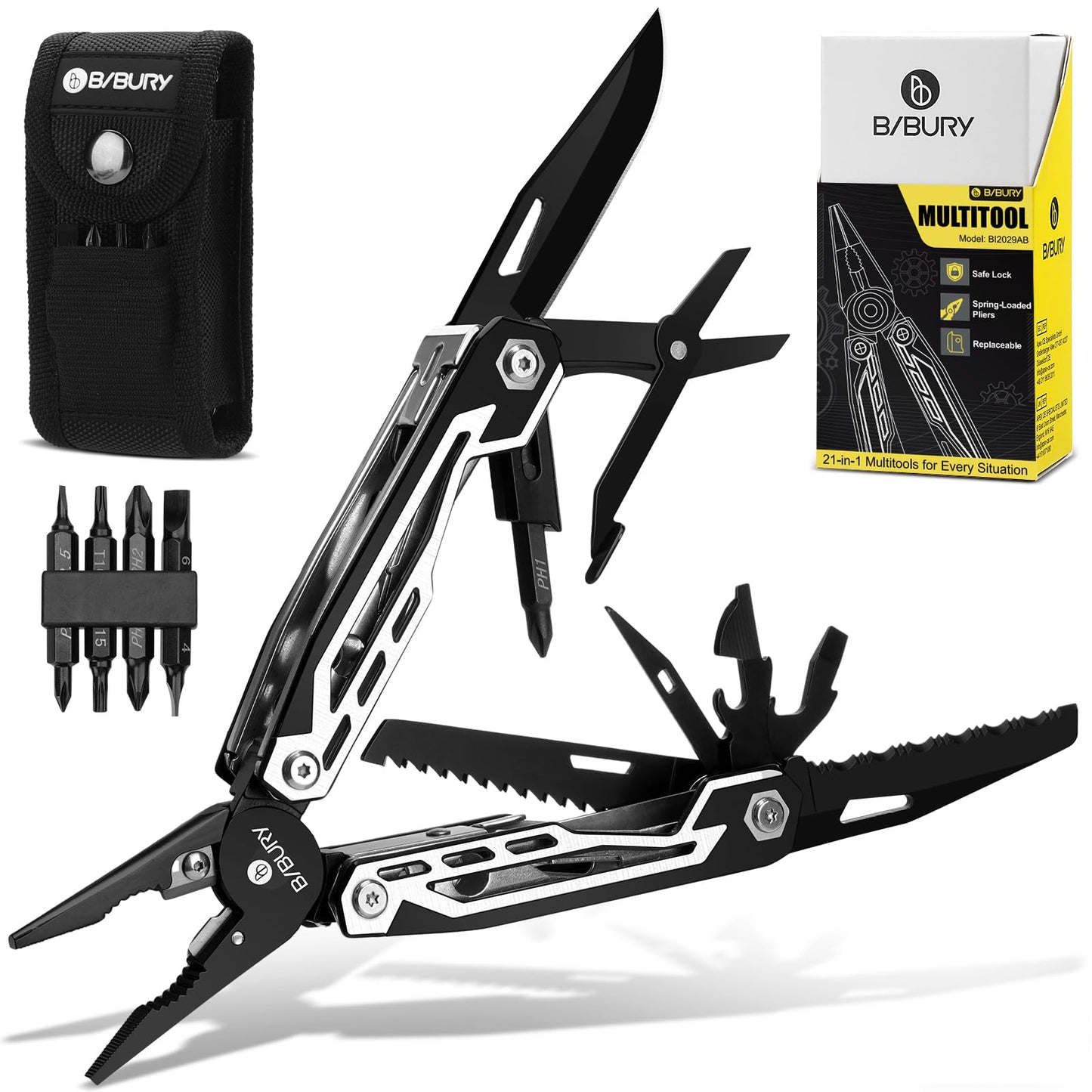 BIBURY Multitool, 21-in-1 Stainless Steel Pocket Tool with Scissors, Spring-Loaded Pliers with Sheath for Outdoor, Survival, Camping, Home Repair, Gifts for Men
