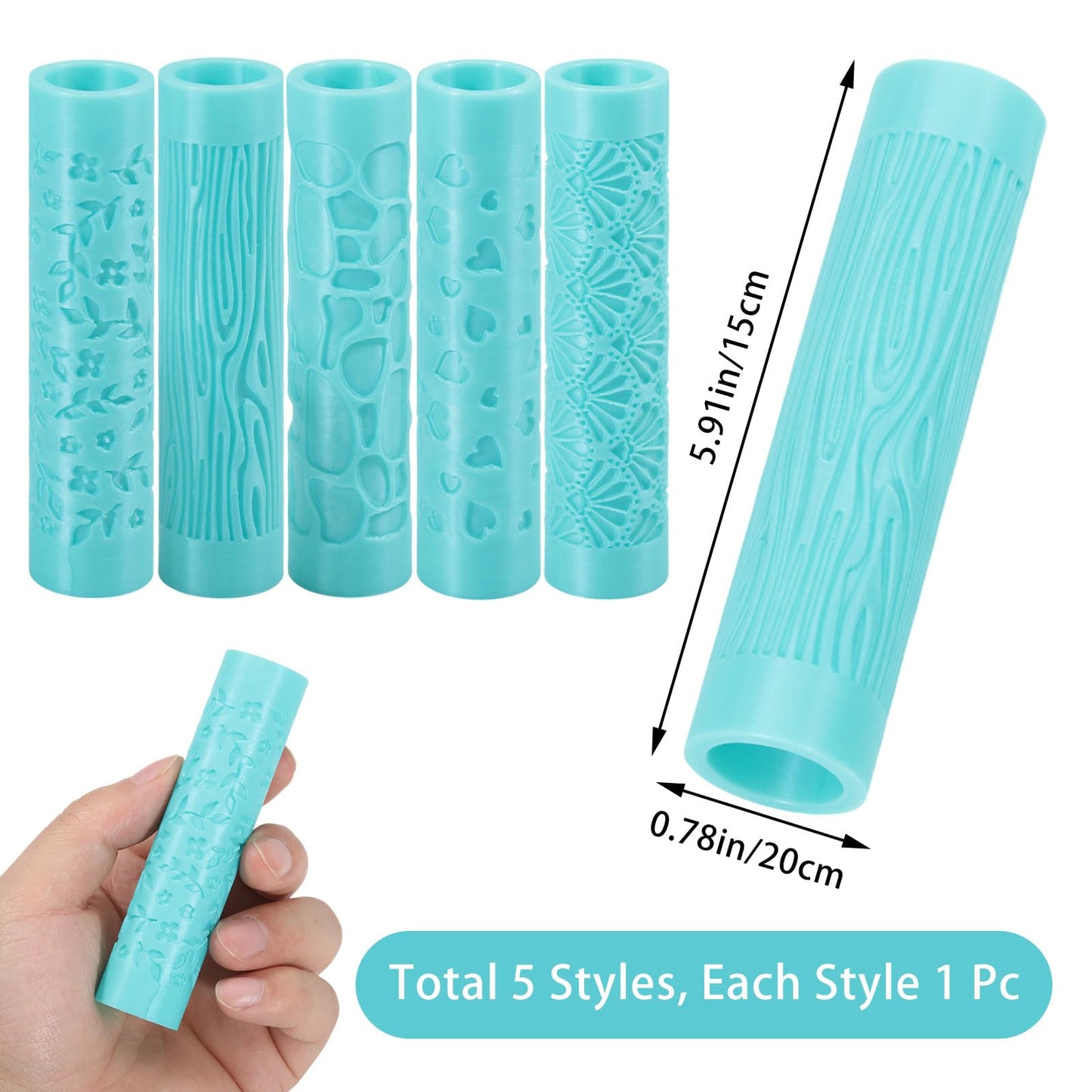 ORIGACH 5 Pcs Polymer Clay Texture Roller for Earring Making, Pottery Tools Texture Roller for Clay Jewelry Making Texture Pattern-Heart, Leaves and Flowers, Cobblestone, Wood Grain, Fan Shape