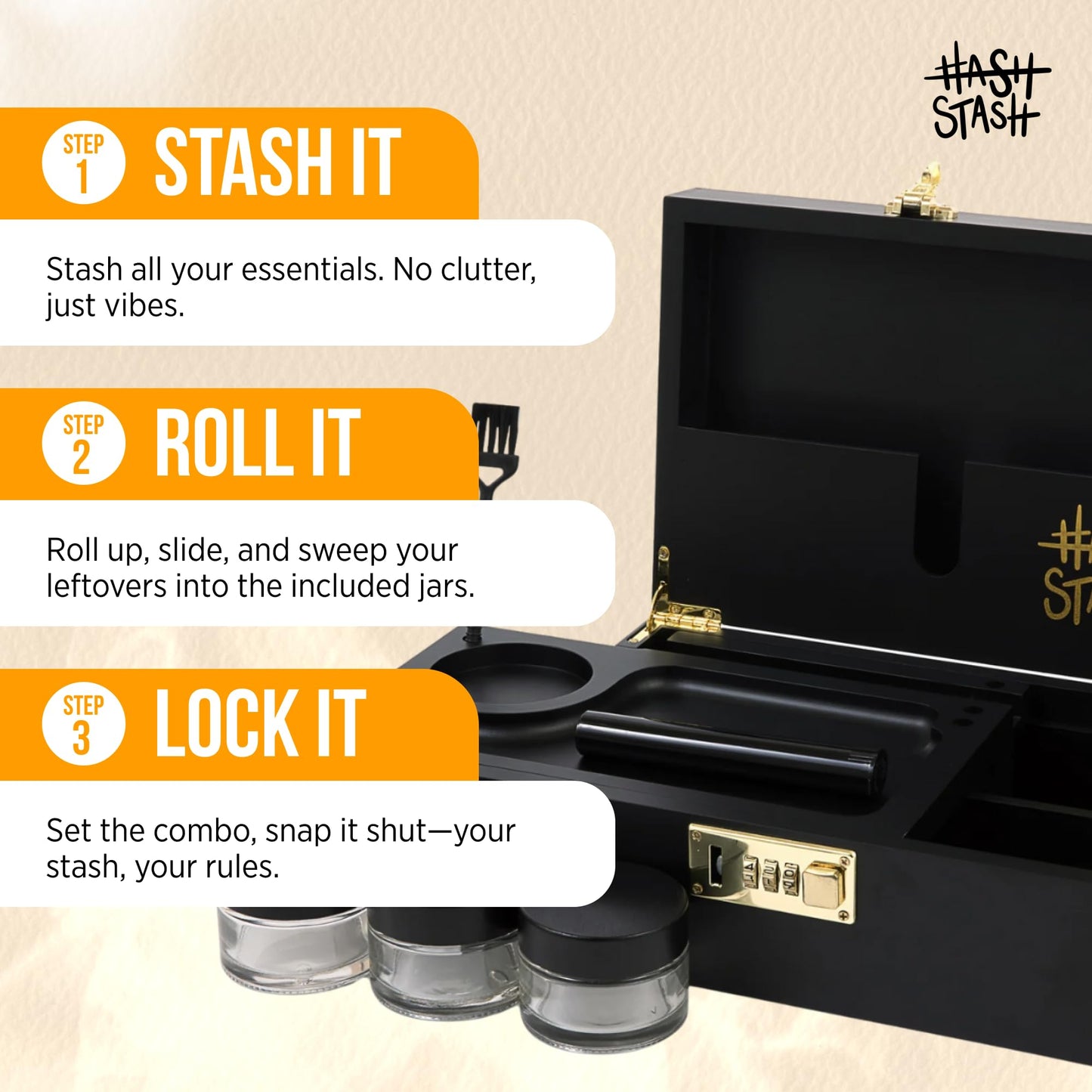 HASHSTASH The OG Storage Box - Large Bamboo Box with Combination Lock, Magnetic Lid, Organizer Tray, Airtight Tube and 3 Jars - Discreet Decorative Locking Wooden Box with Accessories (Black/Gold)