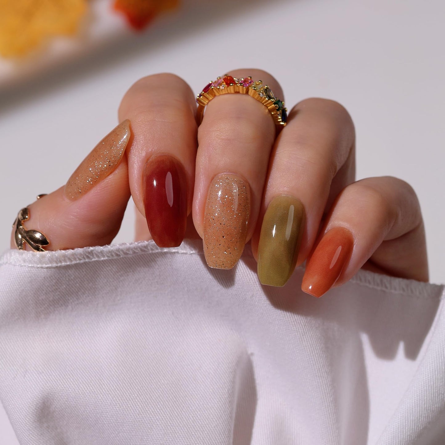 Heyhae Semi Cured Gel Nail Strips | No LED Lamp Needed | Fall, Glitter, Marble | Easy Apply & Remove, Salon Quality | Includes 28 Strips, 1 Prep Pads, Nail File & Wooden stick - Hey, Autumn Haze