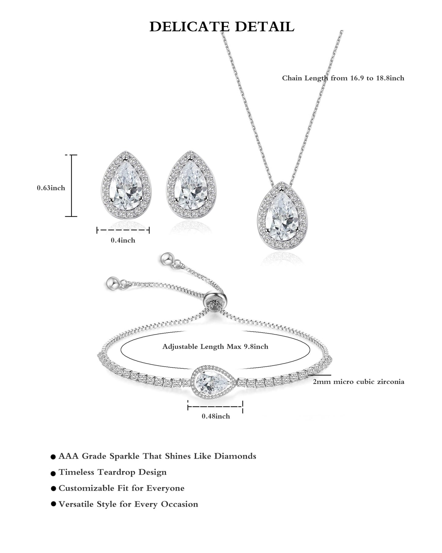 UDYLGOON Teardrop CZ Bridal Jewelry Set Imitation Diamond Earrings Necklace Bracelet for Bride Bridesmaids Wedding Prom Party (Drop-Clear)