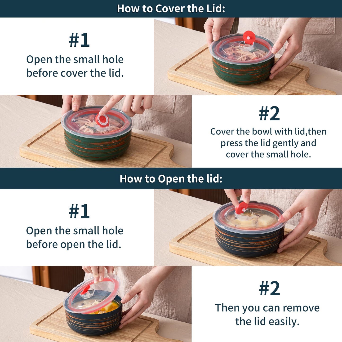 YUN TAO 23 oz Ceramic Bowls with Lids (Set of 4), 6 Inch Airtight Food Storage Containers for Kitchen, Microwave & Oven Safe - Ideal for Cereal, Soup, Salad, Pasta, Ramen