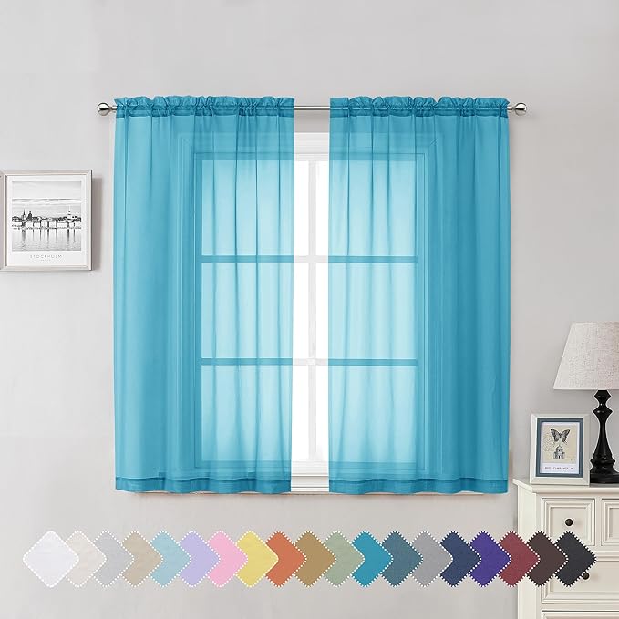 Lecloud Turquoise Sheer Curtains 54 Inch Length 2 Panels, Light Filtering Voile Curtain Drapes for Kitchen Bedroom Small Windows, Dual Rod Pocket Living Room Sheer Curtains, 40 W x 54 L Inches