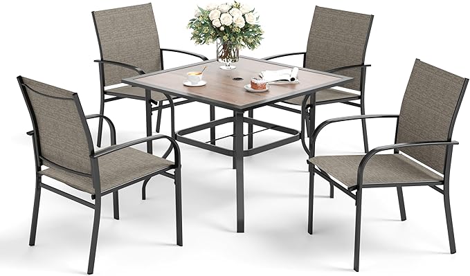 5 Piece Patio Dining Set for 4, 37”x37” Square Table (PVC Wood-Like Table Top) with 1.57" Umbrella Hole, 4 Metal Brown Chairs, Outdoor Table and Chairs Set for Lawn Backyard and Deck