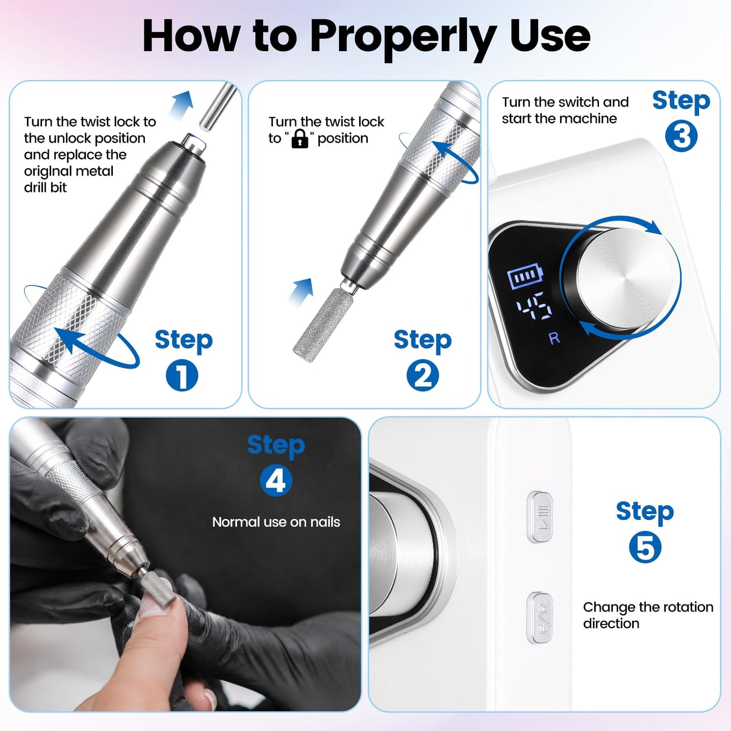 YSC Electric Nail Drill - 45000RPM Rechargeable Efile with Coreless Motor, Waterproof Nail Drill for Acrylic Nails, Portable Efile Kit for Home Salon Manicure Pedicure, Low Noise & Vibration White
