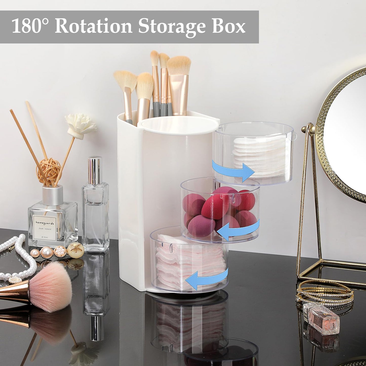 GUSHBIN Rotating Hair Accessories Organizer with Comb Holder Plastic Hair Clips Storage Container Cosmetic Storage Box for Makeup Sponge Brush, 3-Layer White