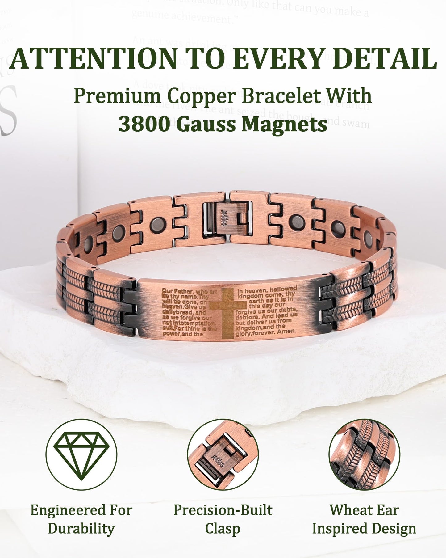 Fashtour Copper Cross Bracelet for Men, Ultra Strength Magnetic Jewelry, Rice-Ear Design Adjustable Copper Biblical Cross Bracelet with Sizing Tool & Box