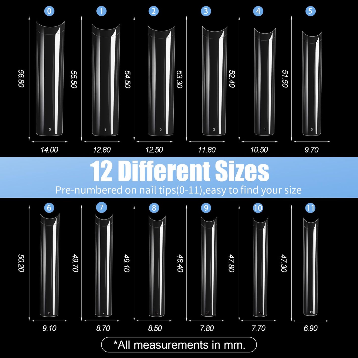 Cycullinyt Long Square Nail Tips, 240Pcs Full Cover + Half Cover Soft Gel Nail Tips Pre-shaped Clear Acrylic False Nail Tips Press On Nails for Extensions Manicure Home Salon DIY 12 Sizes