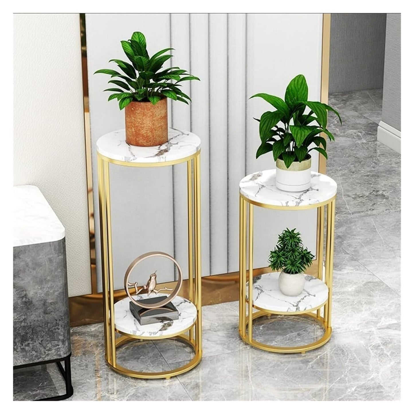 Tall Plant Rack, Flower Stand, Round Marble Sofa Side Table, 2 Tiers Small Coffee Table,for Families