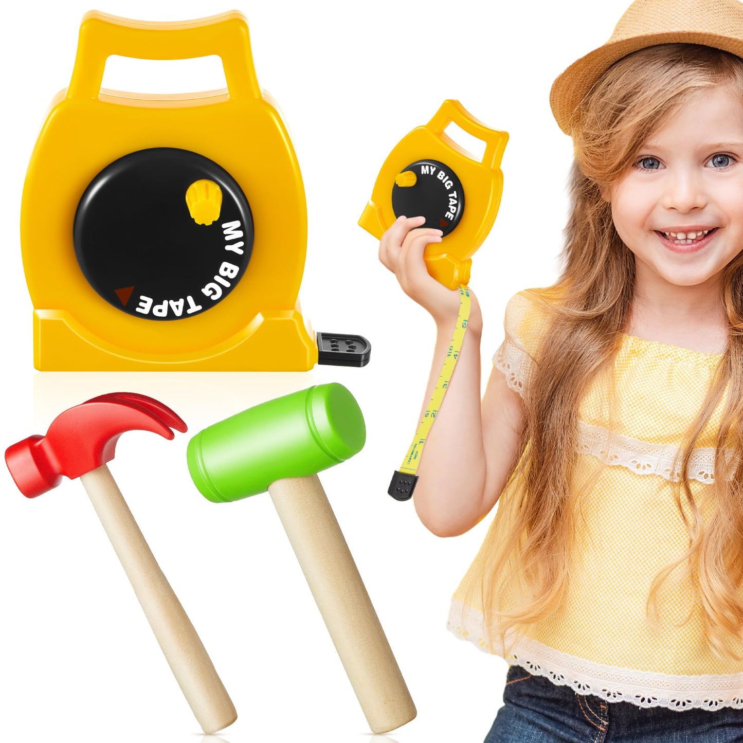 Wovnet 1 Pcs Kids Measuring Tape Toy and 2 Pcs Hammer Simulation Wooden Plastic Mallet Toy for Kids Toddler Back to School Educational Learning
