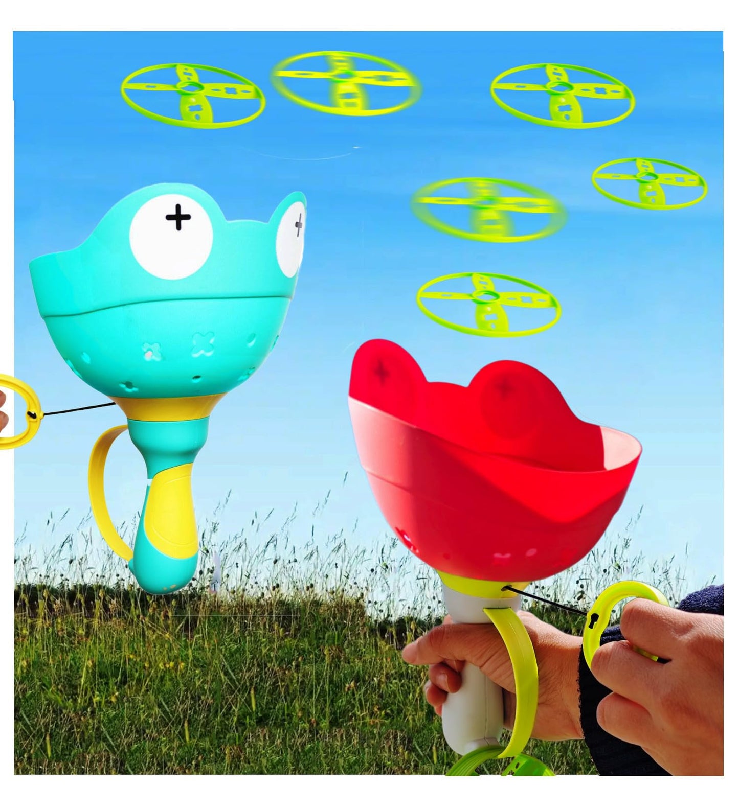 SUHEEUS Disc Launcher Toy Kids Yard Flying Spinner Fairy Hover Helicopter Propeller Toy Outdoor Capture Catching Chasing Game Gift for Boy Girl Age 4 5 6 7 8 9 10 with 12 mini Discs