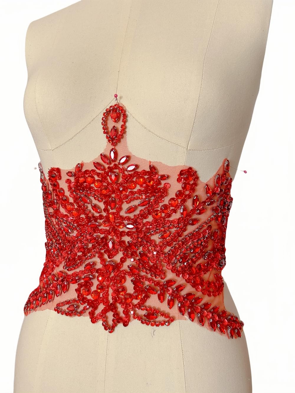 Handmade Beaded Waist Decoration Patches - Removable Rhinestone Appliques for Clothing, Belts, DIY Costume Accessories (Red)