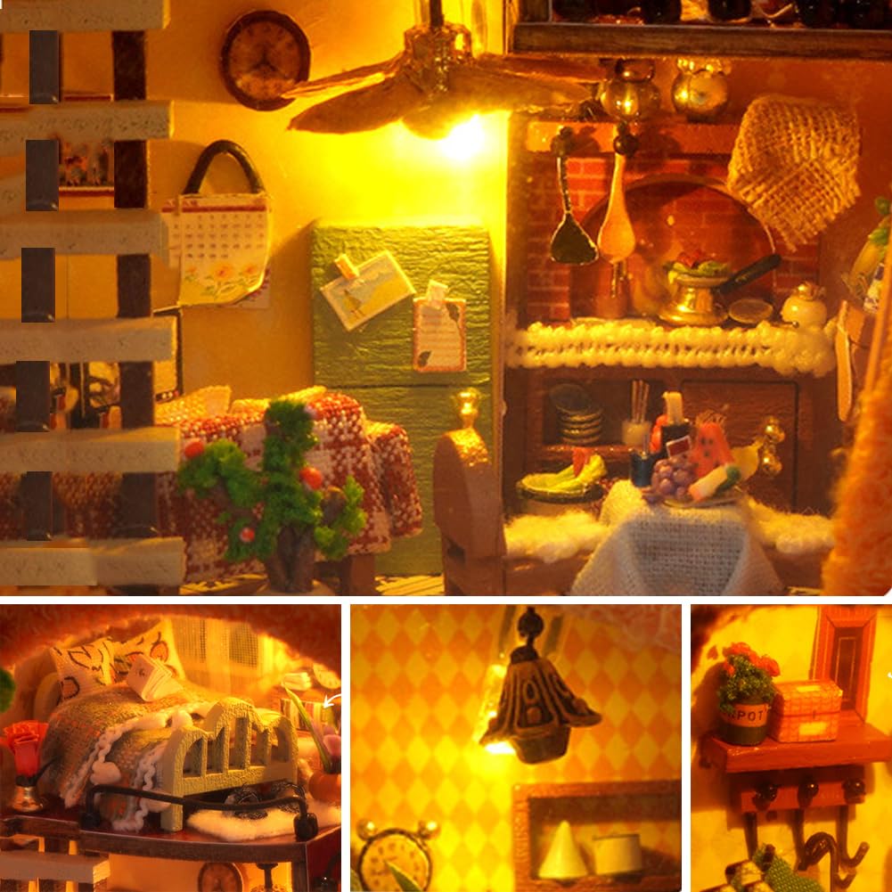 DIY Miniature Dollhouse with LED Lights Creative Modern Cabin Handmade Mini House Model, Furniture Scene, Mini Decorative Wooden Craft