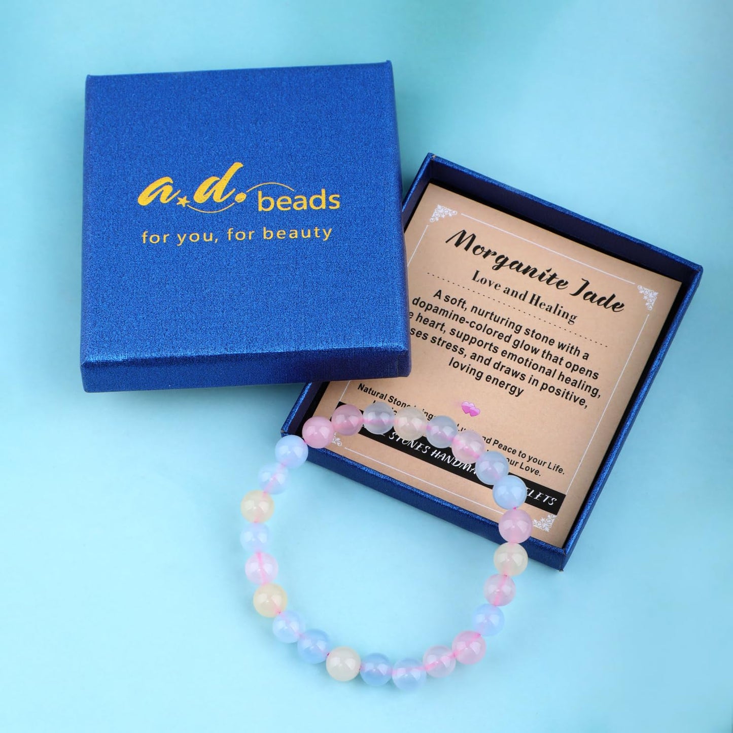 AD Beads 8mm Handmade Morganite Jade Elastic Bracelet – Natural Gemstone for Joy & Positivity – Meditation, Yoga, Healing and Energy Gift for Men Women