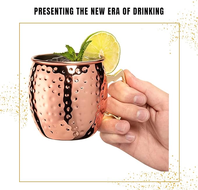 Artisan's Anvil Moscow Mule Mugs with Straws, Comfortable Brass Handle, Stainless Steel Made, Original Hammered Shape, Copper Plated, Set of 4