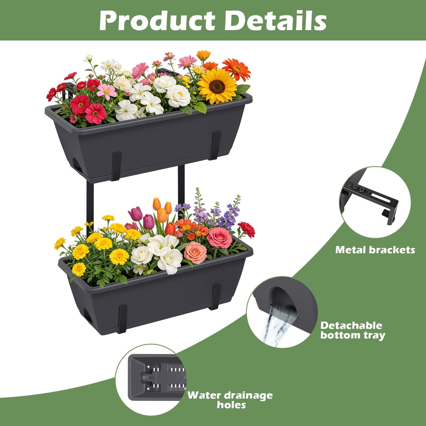 Railing Planter Box 2 Pack Rectangular Window Boxes Planters with Double Adjustable Brackets, Balcony Deck Railing Hanging Planters Herb Flower Pots for Indoor Outdoor Plants Garden Fence Rail