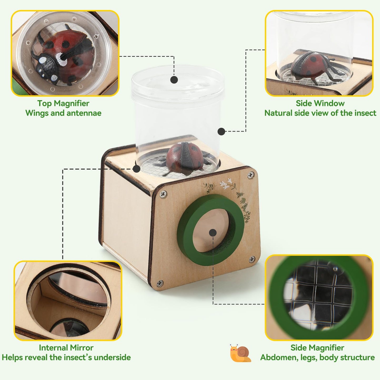 Wooden Bug Catcher for Kids, Tri-View Bug Viewer Kit, Top & Bottom Magnifiers, Insect Observation Container with Tweezers, Ruler & 10 Insect Cards, STEM Outdoor Explorer Toy