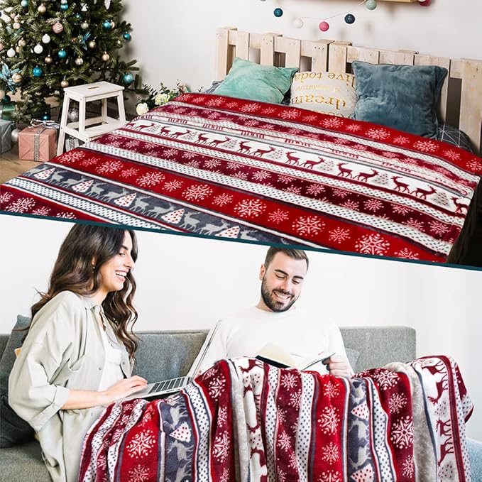 PAVILIA Christmas Throw Blanket | Holiday Christmas Reindeer Snowflakes Fleece Blanket | Soft, Plush, Warm Winter Cabin Throw, 50x60 (Christmas Red)