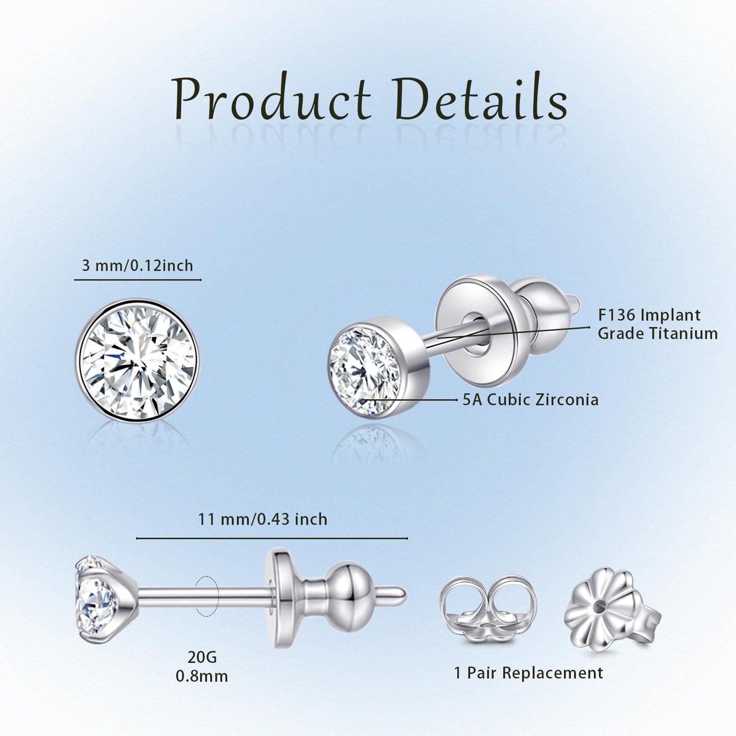 Limerencia G23 Pure Titanium Earrings F136 Implant Grade Titanium Studs 20G Hypoallergenic Round Cubic Zirconia/Princess-Cut/Square/Ball Earrings for Women Men Sensitive Ears(3mm Round CZ)