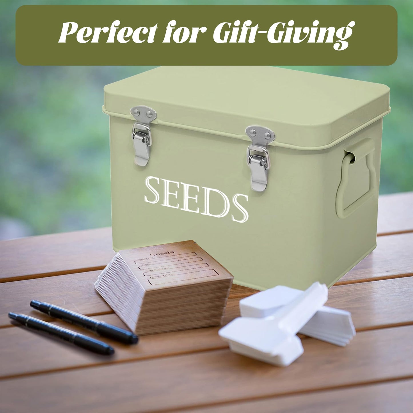 Ecopark Seed Storage Box, Professional All-in-one Kit with 2 Pens, 20 Plant Labels and 50 Seed Envelopes, Metal Storage Organizer, Saving Box, Seed Packet Container, Green