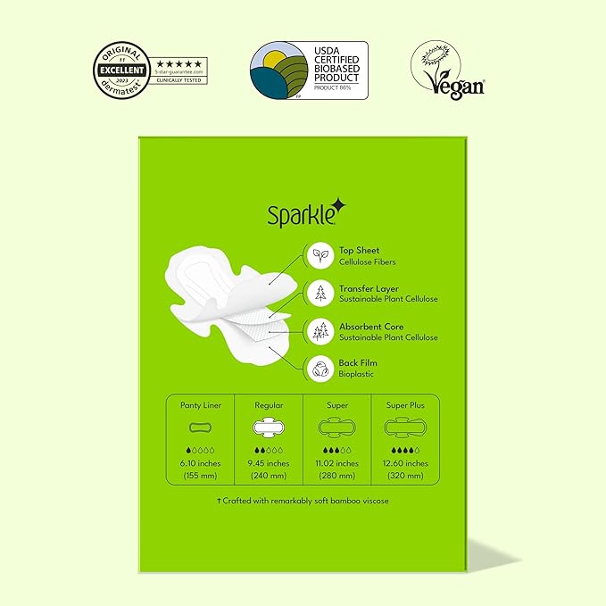 Sparkle Bamboo Ultra Thin Pads | Plant-Based Feminine Hygiene Pads for Women | Super Soft & Leak-Proof with Wings | USDA Certified Biobased, Chlorine-Free, Hypoallergenic Protection | Regular 40 Count