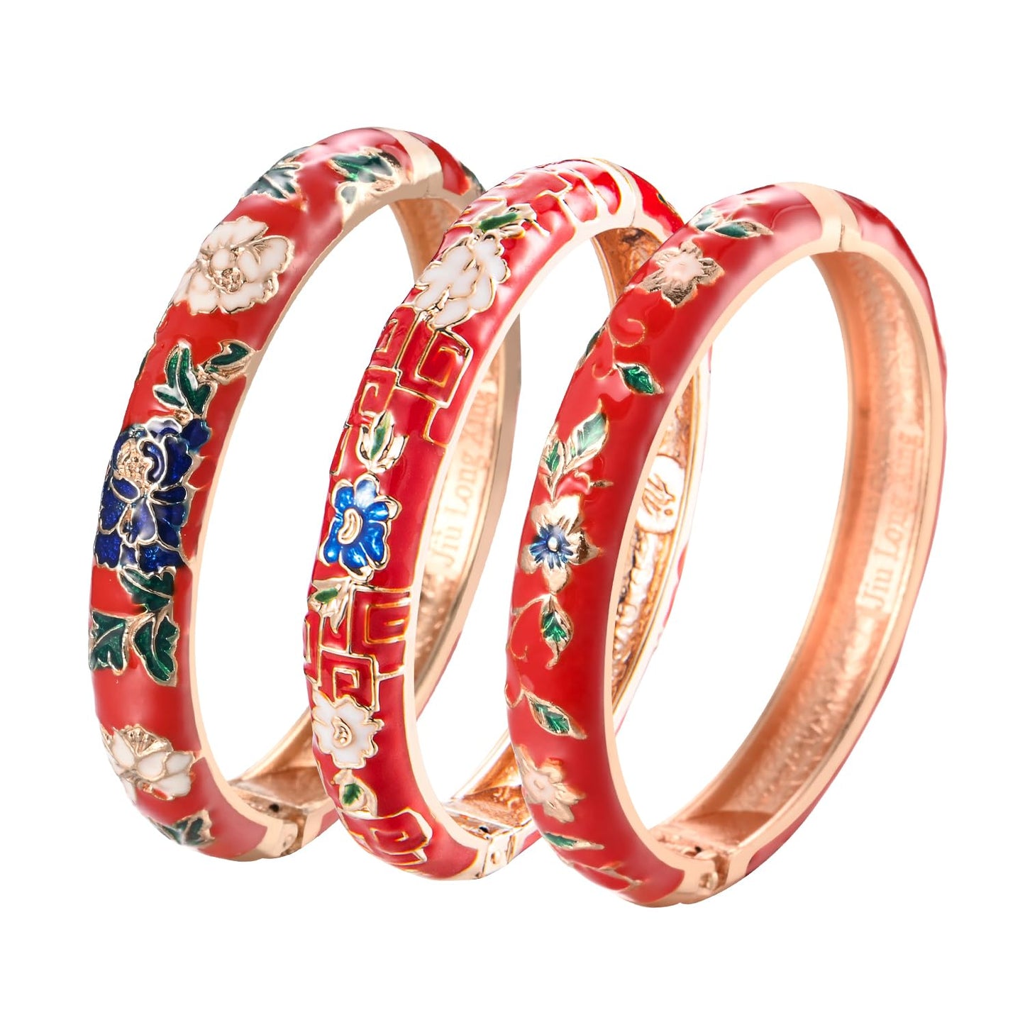 UJOY Womens Enameled Cloisonne Bracelet Gold Plated Flower Enameled Hinged Cuff Bangles Jewelry Gift 55A-3PCS red