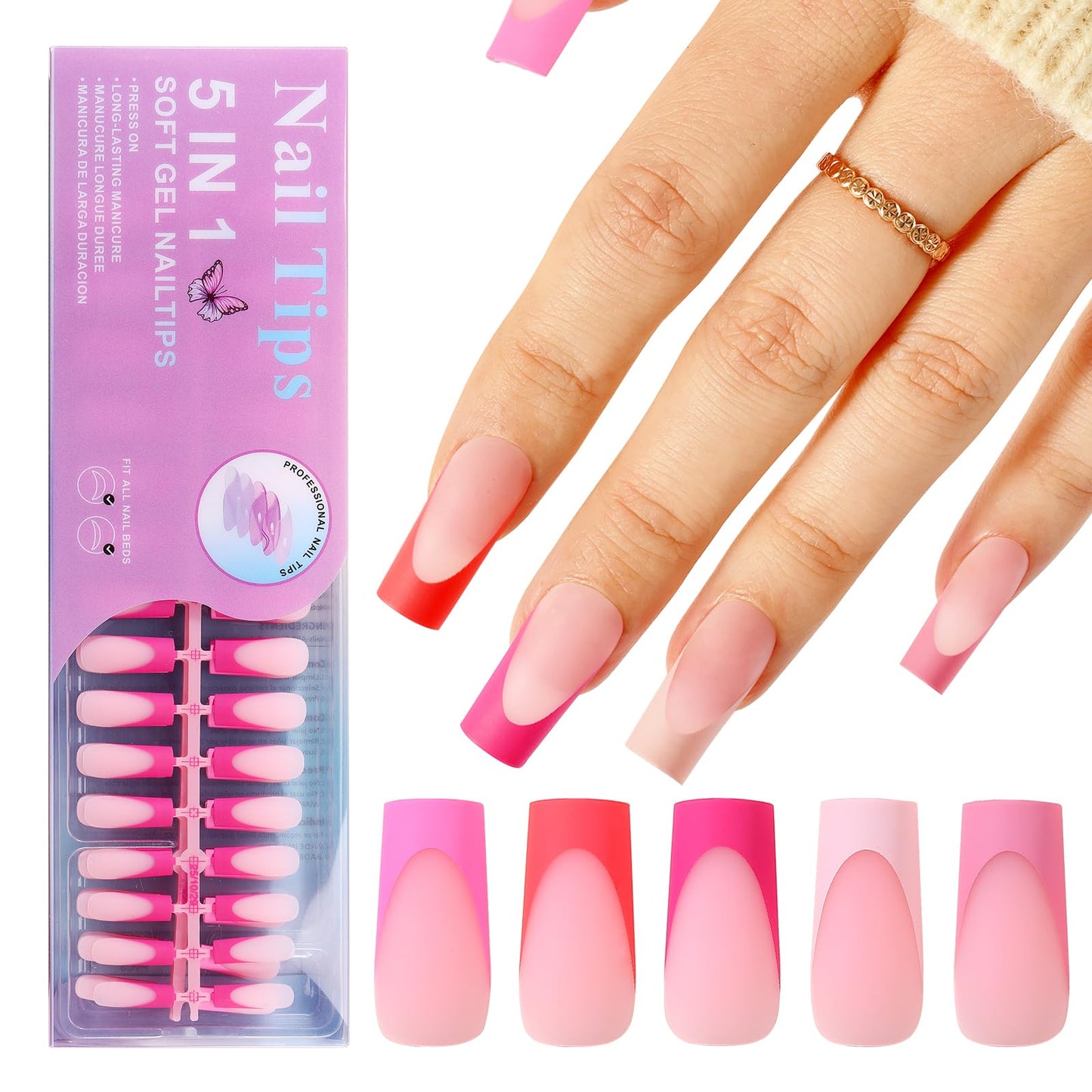 Jellyqueen 150PCS Medium Square French Press On Nails, Matte Glitter Soft Gel Fake Nails, False Nails with Adhesive Tabs, Reusable DIY Salon Style Nails for Women & Girls(A18-02-01)