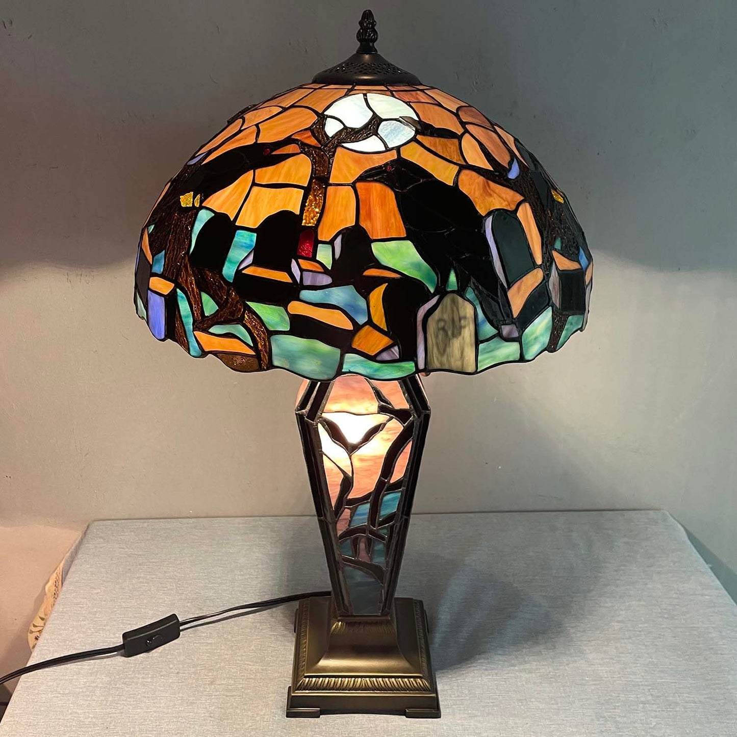 Bieye L10987 Ravens in Spooky Cemetery Tiffany-Style Stained Glass Table Lamp with Coffin Base Night Light - Gothic Graveyard Scene (Dark Orange, 16Wx26H inch)